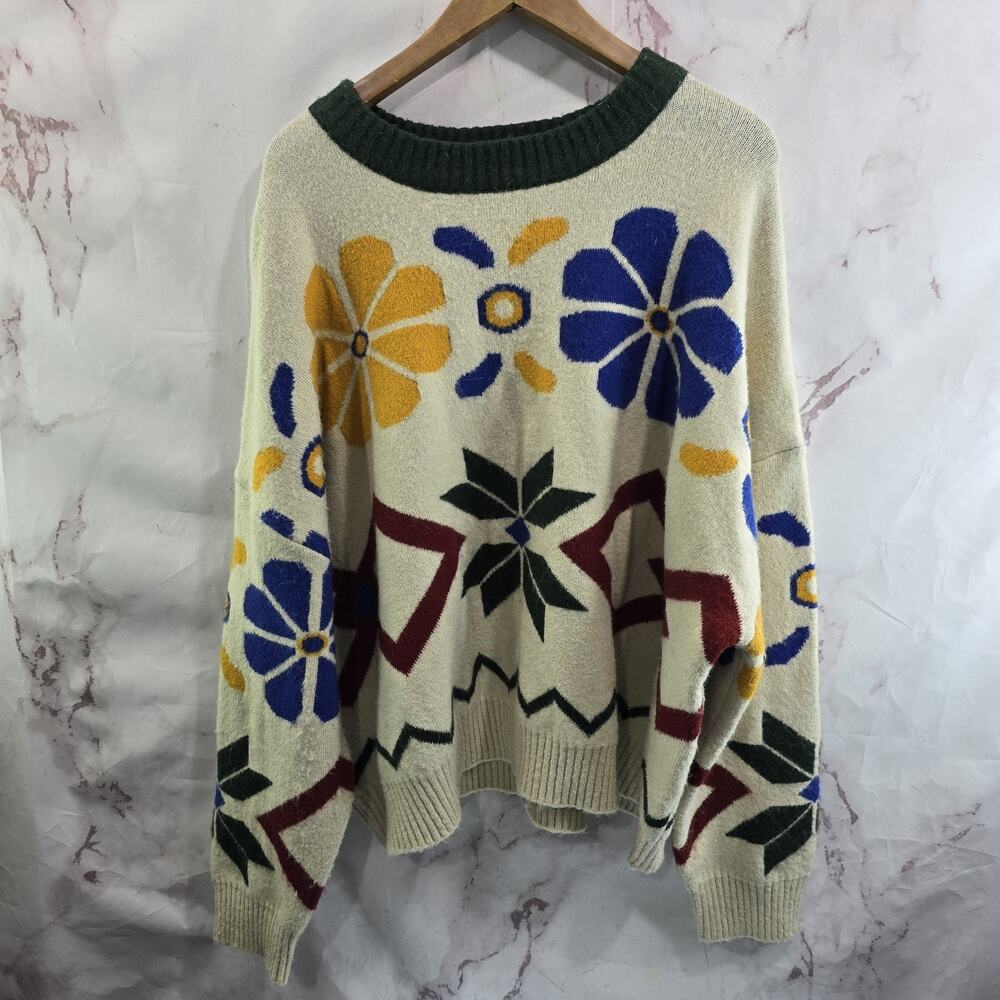 Anthropologie Sweater Womens 3X Cream Blue Green Floral Callahan Juniper Nordic